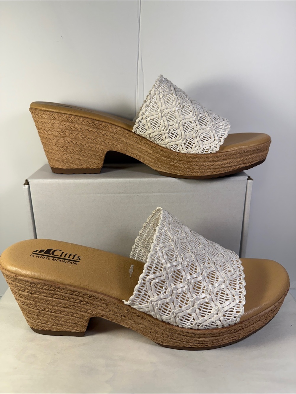 Cliffs by WHITE MOUNTAIN White Crochet Espadrille Wedge Mules